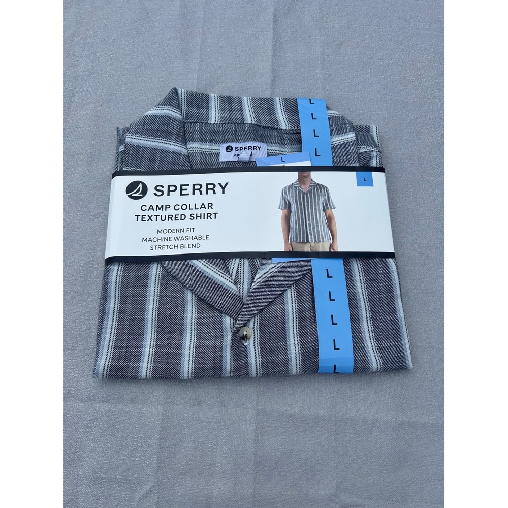 Sperry Mens Camp Collar Textured Shirt Large Navy White Striped Modern Fit NWT